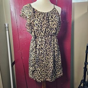 Angie Womens Leopard Print One Shoulder Ruffle Mini Dress Brown Black Small